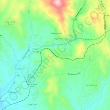 Mapa topográfico Jamestown, altitud, relieve