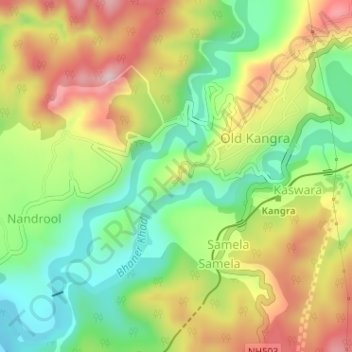 Mapa topográfico Kangra Fort, altitud, relieve