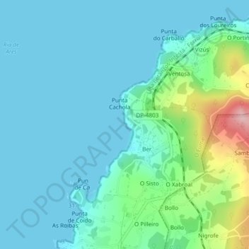 Mapa topográfico A Illa, altitud, relieve