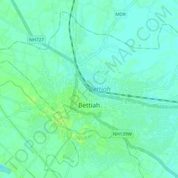 Mapa topográfico Bettiah, altitud, relieve