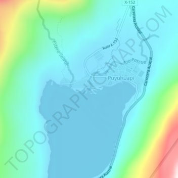 Mapa topográfico Río Pascua, altitud, relieve